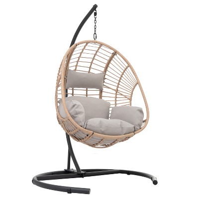 VisioGear Patio Swing Egg Chairs with Beige Cushion, Wicker Weaving Egg Chair with Base Frame for Living Room Balcony, Brown, 46.5"*72.83"*41.8"
