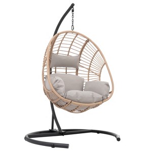 VisioGear Patio Swing Egg Chairs with Beige Cushion, Wicker Weaving Egg Chair with Base Frame for Living Room Balcony, Brown, 46.5"*72.83"*41.8" - 1 of 4