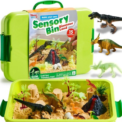 Klever Kits Dinosaur Sensory Bin for Child, Play Sand Toy with Glow-in-The-Dark Dinosaurs, Sandbox with Lid Sand, Gift for Boys Girls Age 3+