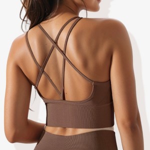 Anna-Kaci Active Women's Scoop Neck Cropped Rib Knit Seamless Criss Cross Back Sports Bra - 1 of 4
