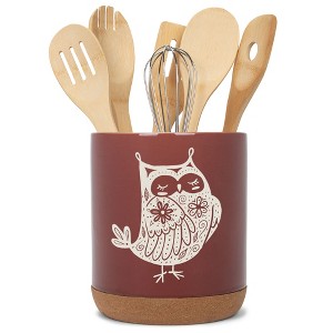 Elanze Designs Kitchen Utensil Holder With Non Slip Cork Base Large 8 Inch Ceramic Storage Crock Forest Animal Countertop Organizer Floral Owl Red - 1 of 4