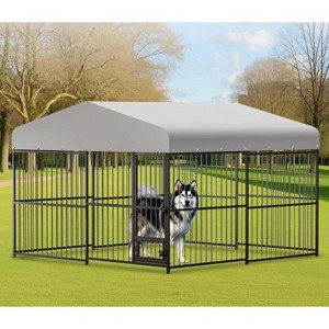 Outdoor Heavy Duty Metal Dog Cage Kennel with Rotating Feeding Bowl, Waterproof Roof Cover and Lock for All Dog Breeds - 1 of 4