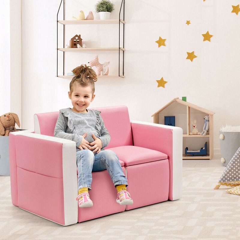 Tangkula Kids Sofa 2 in 1 Double Sofa Convert to Table and Two Chairs Toddler Lounge with Wooden Frame and PVC Surface Children Box, 2 of 11