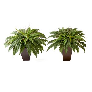 Nearly Natural 23-in Artificial Boston Fern Plant with Tapered Bronze Square Metal Planter DIY KIT (Set of 2) - 1 of 4