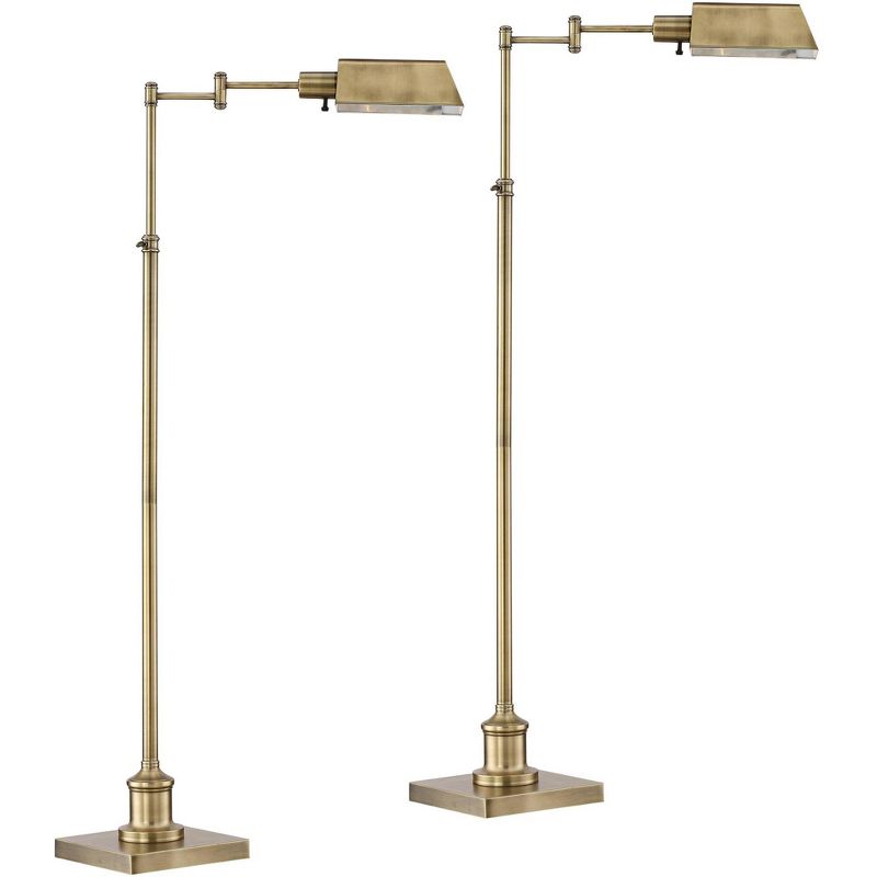 Regency Hill Jenson Traditional 54" Tall Standing Floor Lamps Set of 2 Lights Swing Arm Pharmacy Adjustable Gold Metal Aged Brass Finish Living Room, 1 of 10