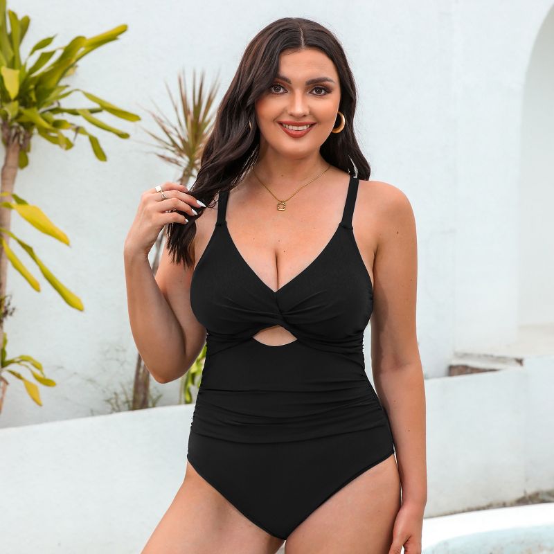Women's Plus Size Twist Front Cutout Ruched Back Tie One Piece Swimsuit - Cupshe, 4 of 5