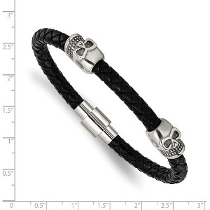 Chisel Stainless Steel Polished Skull Beads on Black Leather 8.75" Bracelet - 1 of 4