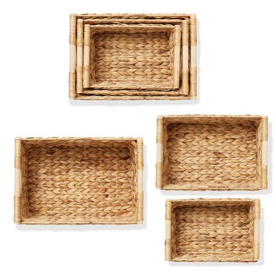 Set of 3 Natural Water Hyacinth Rectangular Storage Baskets with Wooden Handles