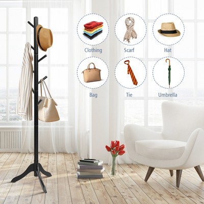 Black Rubber Wood Adjustable Height Coat Rack with 8 Hooks