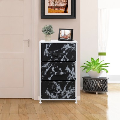 White Frame Black Marble 3-Drawer Nightstand with Fabric Bins
