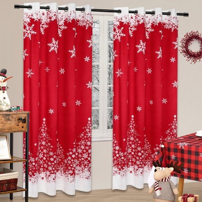 Christmas Window Curtains for Living Room, Set of 2 Red Polyester Velvet Curtain, Snowflake & Christmas Tree Pattern, for Bedroom, Bathroom