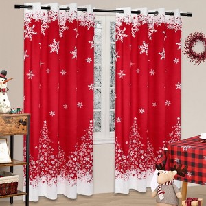 Christmas Window Curtains for Living Room, Set of 2 Red Polyester Velvet Curtain, Snowflake & Christmas Tree Pattern, for Bedroom, Bathroom - 1 of 4