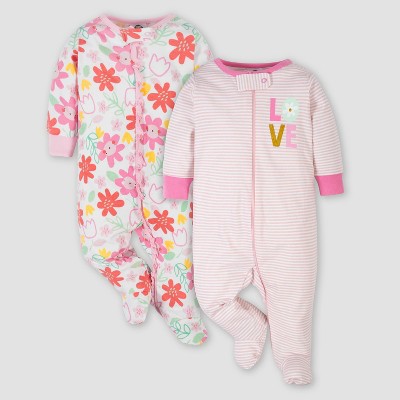 Image of Gerber Baby Girls' 2pk Love Floral Sleep N' Play - Pink 3-6M