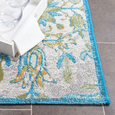 Ivory and Light Blue Synthetic Square Indoor/Outdoor Area Rug