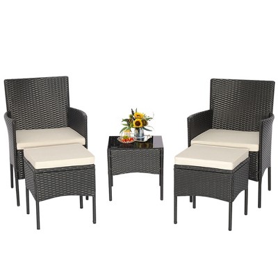 Tangkula 5PCS Outdoor Rattan Wicker Sofa Set Patio Conversation Set w/ 2 Ottomans