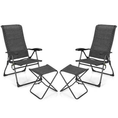 Tangkula 4 PCS Outdoor Wicker Chaise Lounge Patio Lounge Chair Ottoman Set Camp Chairs w/7-Gear Adjustable Backrest