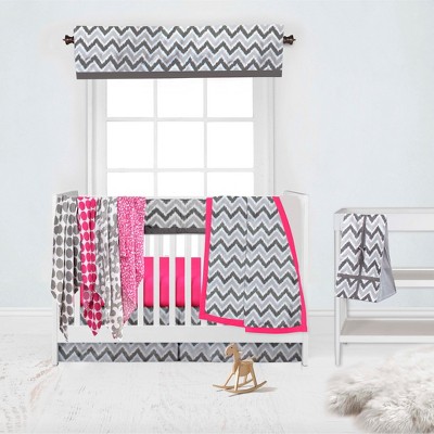 Bacati - Ikat Dots Leopard  Pink Grey Girls 10 pc Crib Set with Long Rail Guard Cover & 4 Muslin Swaddling Blankets