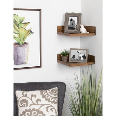 Rustic Brown Wood Floating Corner Wall Shelves, 16" Set of 2