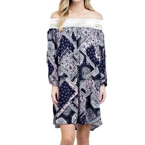 Women's Batik Patchwork Off the Shoulder Dress - KORI - 1 of 4