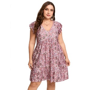 Plus Size Women's Flutter Sleeve High Waist Peplum Babydoll Knee Length Dress - 1 of 4