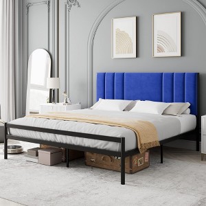 Platform Bed Frame with Velvet Headboard - 1 of 4