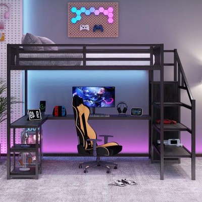 LOVSONMetal Queen Loft Bed with Wardrobe and LED Light, Queen Size Loft Bed with L Shaped Desk and USB for Kids Teens Adults, Black