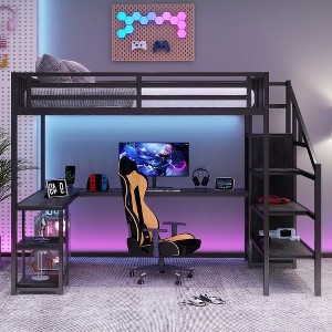 LOVSONMetal Queen Loft Bed with Wardrobe and LED Light, Queen Size Loft Bed with L Shaped Desk and USB for Kids Teens Adults, Black - 1 of 1