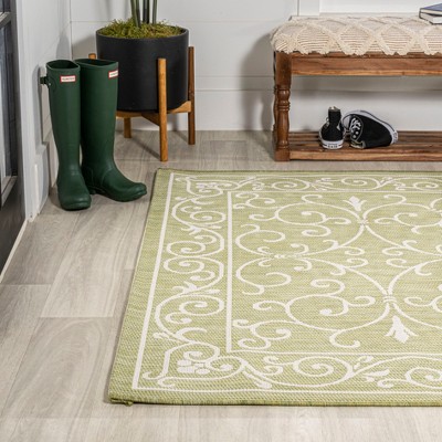 Boho-Chic Green and Cream Vintage Filigree 9' x 12' Indoor/Outdoor Rug