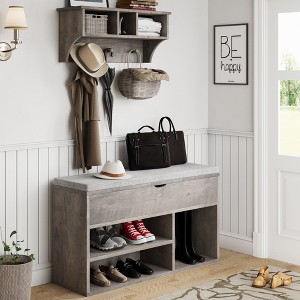 Shoe Storage Bench with Cushion, Entryway Bench with Storage Box & 2-Tier Open Shoe Rack, Wooden Shoe Bench for Entryway, Bedroom - 1 of 4