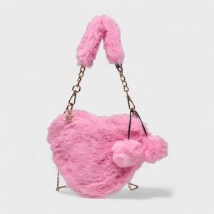 Willow & Ruby Girls Pink Plush Fuzzy Heart Bag - Adorable Soft Faux Fur Shoulder Bag with Chain Strap and Pom-Poms, Perfect for Kids & Tweens - 1 of 4