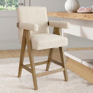 Morgan Solid Wood Counter Height Stools,25.5" Linen Bar Stools Seat and Back With Upside Down "V" shape Solid Wood Legs-Maison Boucle - 1 of 4