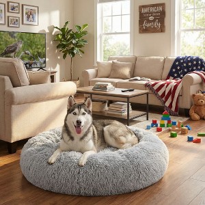 Wooakway 19"/25"/31"/37" Pet Bed for Indoor Dog Cat Donut Cuddler Soft Dog Beds with Anti-Slip Bottom Round Calming Fluffy Plush Faux Fur Cushion Bed - 1 of 4