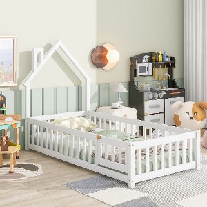 CAVINAS House-Shaped Headboard Floor Bed with Fence for Children, Twin Size Bed Frame, Wood Platform Bed with  Latched Door - 1 of 4