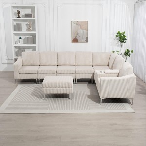 Aortzio 129.14"W Upholstered Sectional Sofa,Storage Couch,With USB Charging Station - 1 of 4