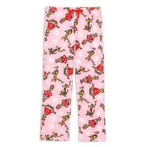 Seven Times Six Dr. Seuss Womens' GRINCH and Max Snowflake Fleece Plush Pajama Pants Pink - 1 of 4
