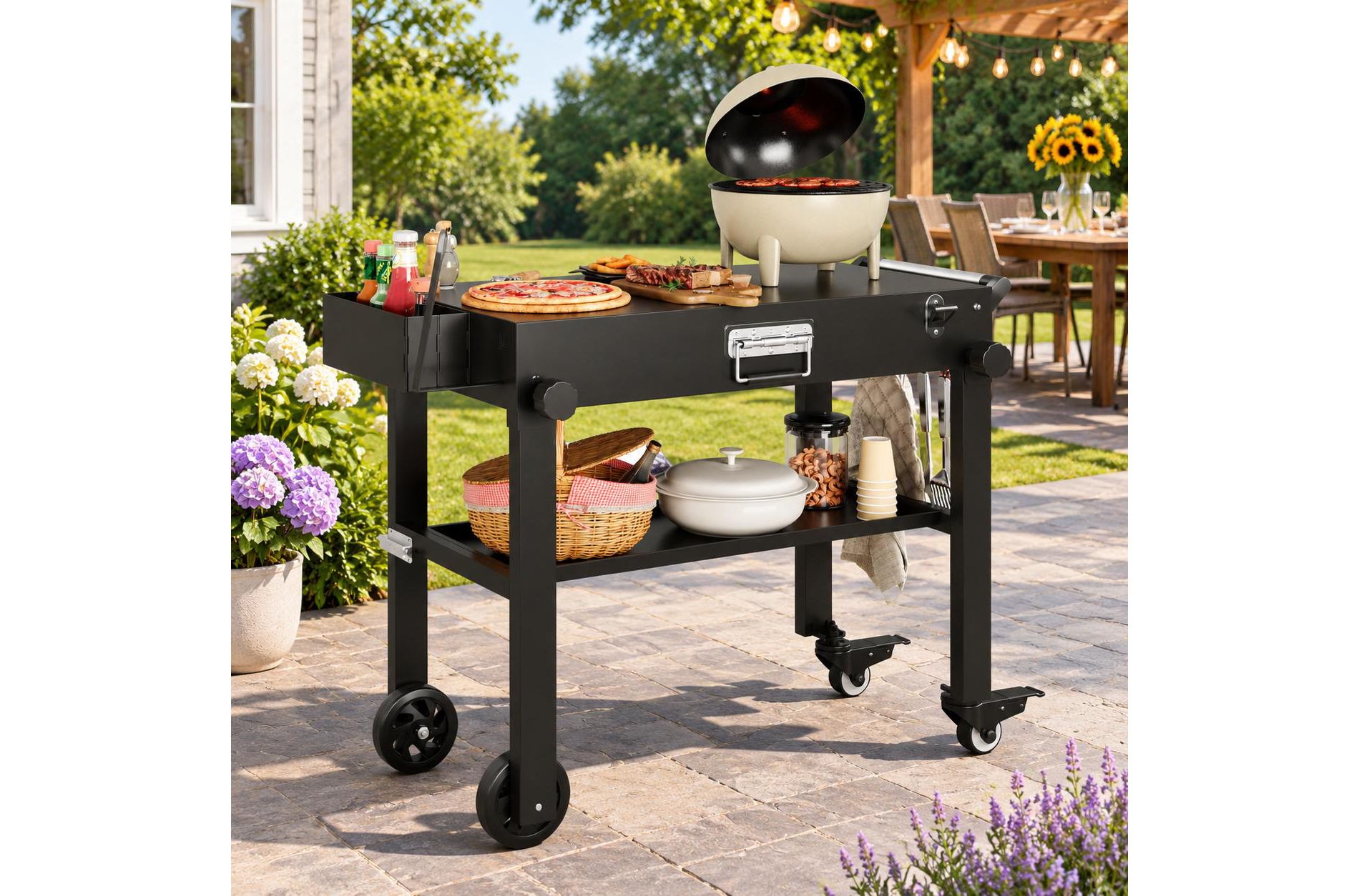 Heavy Duty Collapsible Grill Cart for Blackstone 17"&22"Griddles,Portable Outdoor BBQ Table with Stainless Steel Top,Locking Wheels for Camping RV