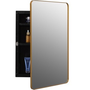 Basicwise Plastic Medicine Cabinet with Beveled Mirror Door, Round Metal Frame, Surface or Recessed Mount, Wall Vanity Cabinet W/ 2 Adjustable Shelves - 1 of 4