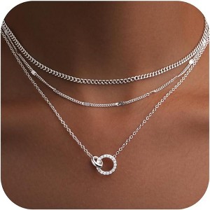 14K Gold Silver Plated Layered Necklace CZ Circle Cuban Chain Waterproof Gift Silver-Double Circle - 1 of 4
