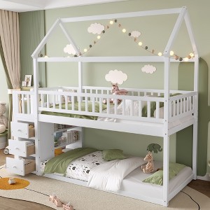 Okak 97.28IN Twin Over Twin Bunk Bed with Roof Design, Kids Bunk Beds with 3 Drawers and 3-Tier Shelves, Twin Bed for Kids, Teenagers - 1 of 4