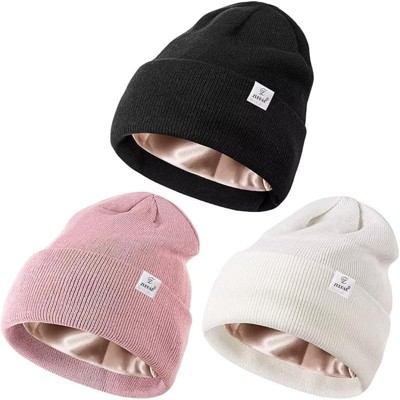 Zuppad 3 Pack Satin Lined Winter Beanie Hats for Women Men,Silk Lined Womens Beanies Knit Soft Warm Cuffed Hats
