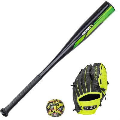 Ortiz34 Youth T-Ball Set, 25" Aluminum Bat (-10 Drop), Foam Core T-Ball, 9" Lightweight Glove, Graffiti Print (Volt)