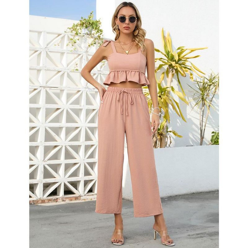 Women's 2 Piece Tracksuit Sleeveless Square Neck Linen Tank Crop Top Wide Leg Pants Matching Sets Summer Outfits, 2 of 9