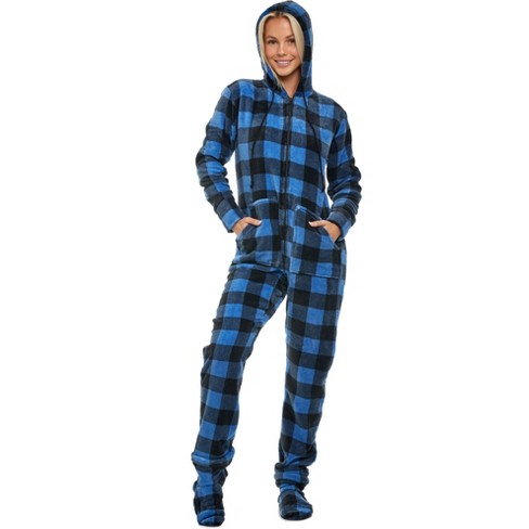 ADR Women's Hooded Footed Pajamas, Plush Adult Onesie, Winter PJs with Hood  Blue Buffalo Check Plaid Footed 2X Large