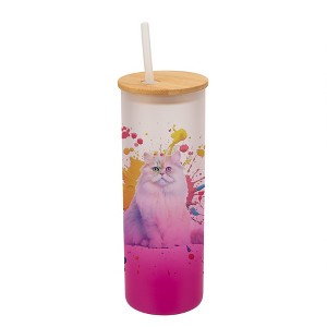100 North 25 Ounce Frosted Glass Gradient Travel Tumbler With Straw & Wooden Lid, Persian Cat Paint Splatter Pink - 1 of 4
