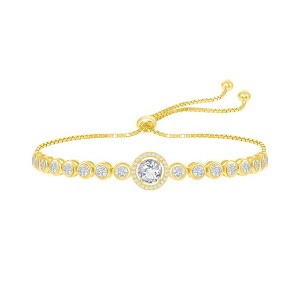 Bella Silver Sterling Silver Round CZ Halo Bezel-Set CZ Adjustable Bolo Bracelet - Gold Plated - Gold - 10 Inch - 1 of 2