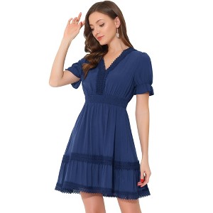 INSPIRE CHIC Women's V Neck Smocked Elastic Waist Short Sleeve Boho Crochet Trim Mini Dress - 1 of 4