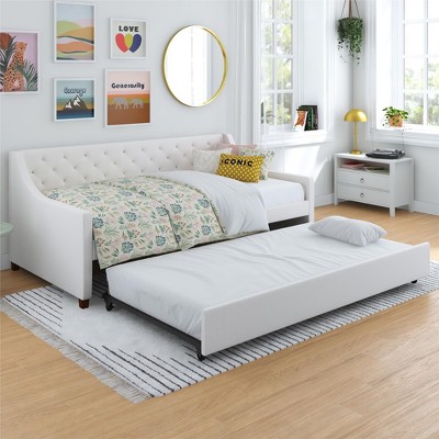 Ivory Linen Twin Daybed with Trundle and Tufted Upholstery