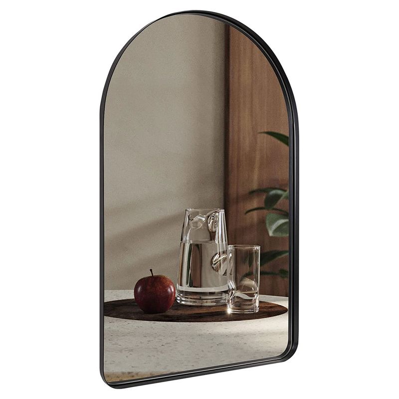 ANDY STAR Modern 20 x 30 Inch Arched Frame Wall Mounted Vanity Mirror w/ Steel Frame, No Distortion Floating Glass, & Pre Installed Hooks, Matte Black, 1 of 7