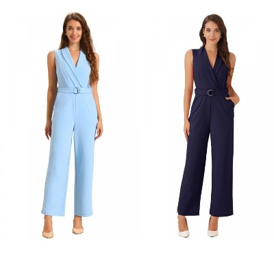 INSPIRE CHIC Women's Casual Sleeveless Shawl Collar Office Belted Cropped Jumpsuit 2 Packs