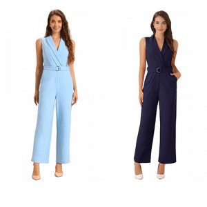 INSPIRE CHIC Women's Casual Sleeveless Shawl Collar Office Belted Cropped Jumpsuit 2 Packs - 1 of 4